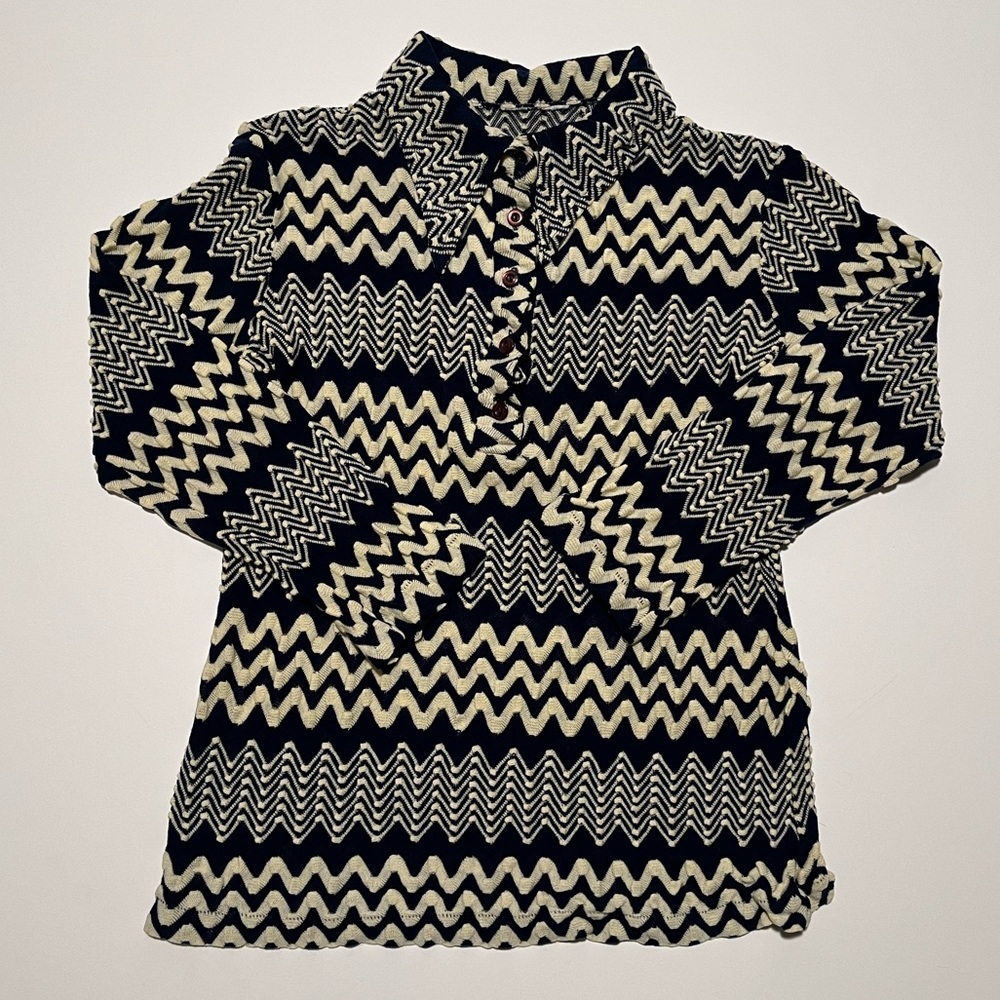 Vintage 70s Groovy Long Sleeves Shirt Zig Zag Navy Blue White